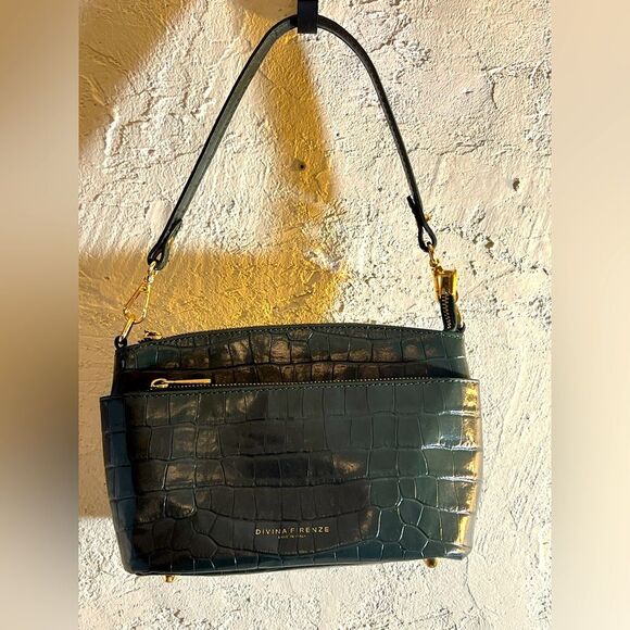 Green Croc-Embossed shoulder/ crossbody Made in Italy Divina Firenze Women's Bag - Picture 1 of 16